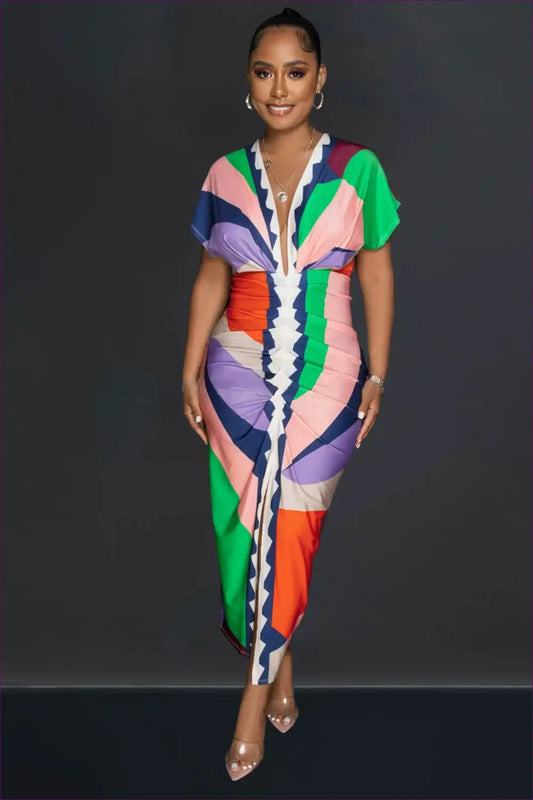 Midi Dress with Print Panels - Statement Making for A-line, All Season, Casual, Cutout,