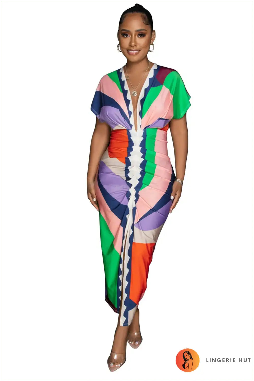 Midi Dress with Print Panels - Statement Making for A-line, All Season, Casual, Cutout,