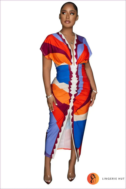 Midi Dress with Print Panels - Statement Making for A-line, All Season, Casual, Cutout,