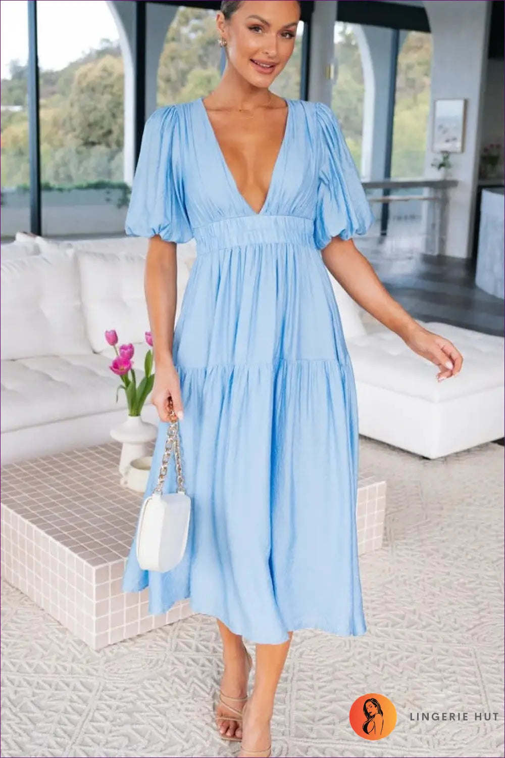 Midi Dress with Puff Sleeves - Garden Party Grace - s / Light Blue - Dresses - Lingerie Hut - A-line • Boho • Casual