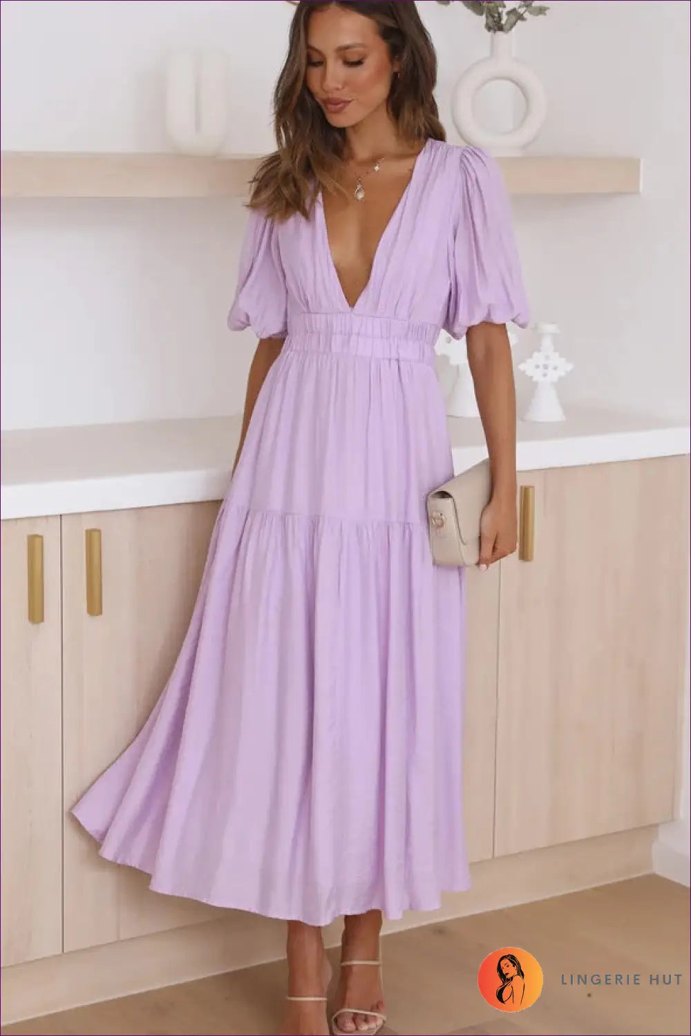 Midi Dress with Puff Sleeves - Garden Party Grace - s / Purple - Dresses - Lingerie Hut - A-line • Boho • Casual