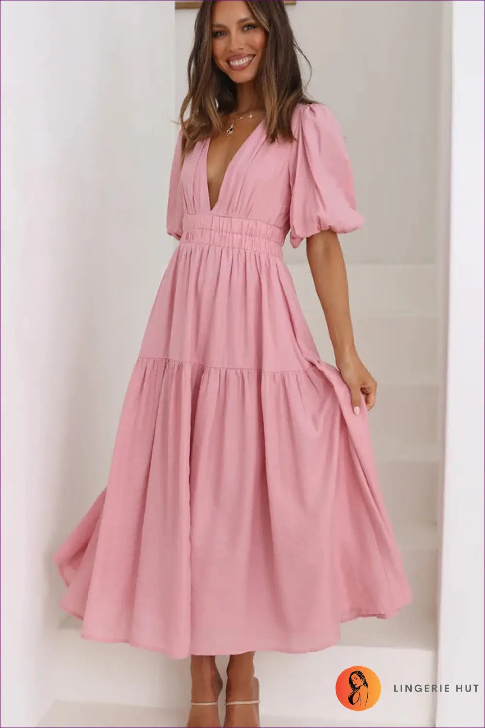 Midi Dress with Puff Sleeves - Garden Party Grace - s / Pink - Dresses - Lingerie Hut - A-line • Boho • Casual • Cotton