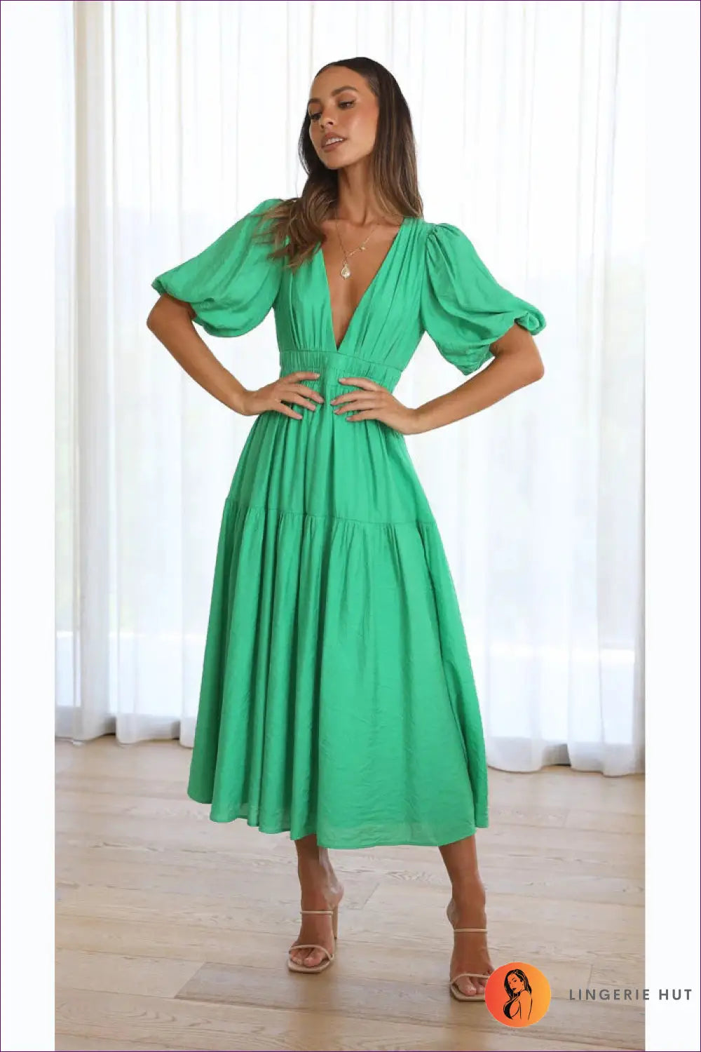 Midi Dress with Puff Sleeves - Garden Party Grace - s / Emerald Green - Dresses - Lingerie Hut - A-line • Boho • Casual