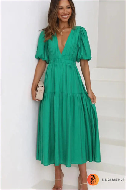 Midi Dress with Puff Sleeves - Garden Party Grace - s / Green - Dresses - Lingerie Hut - A-line • Boho • Casual • Cotton