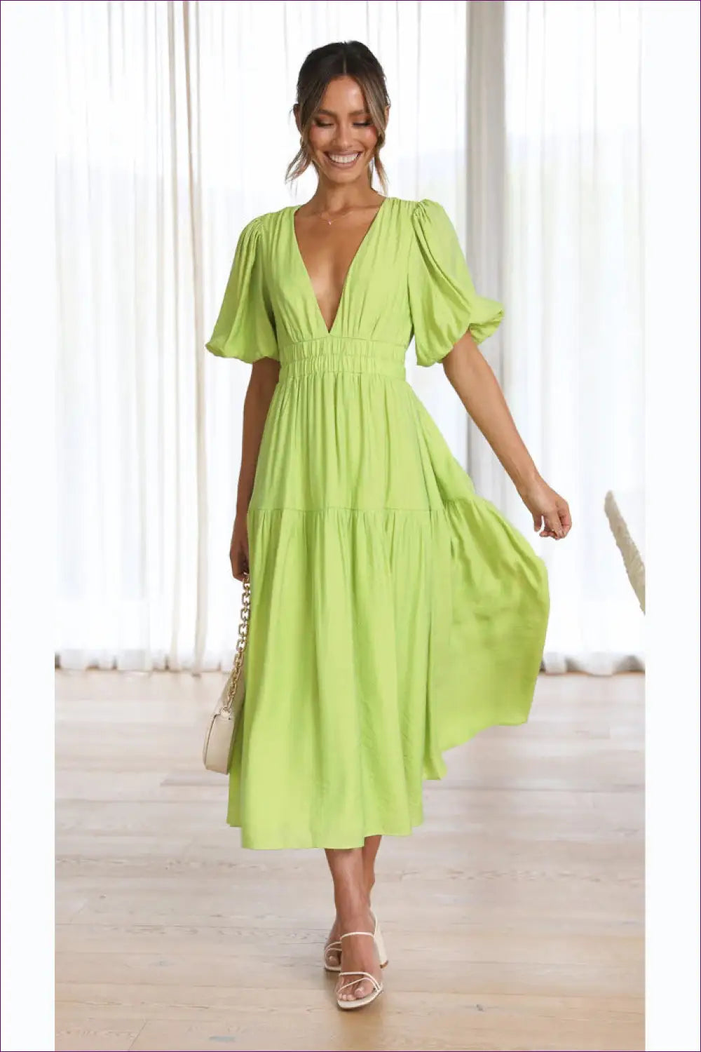 Midi Dress with Puff Sleeves - Garden Party Grace - Dresses - Lingerie Hut - A-line • Boho • Casual • Cotton