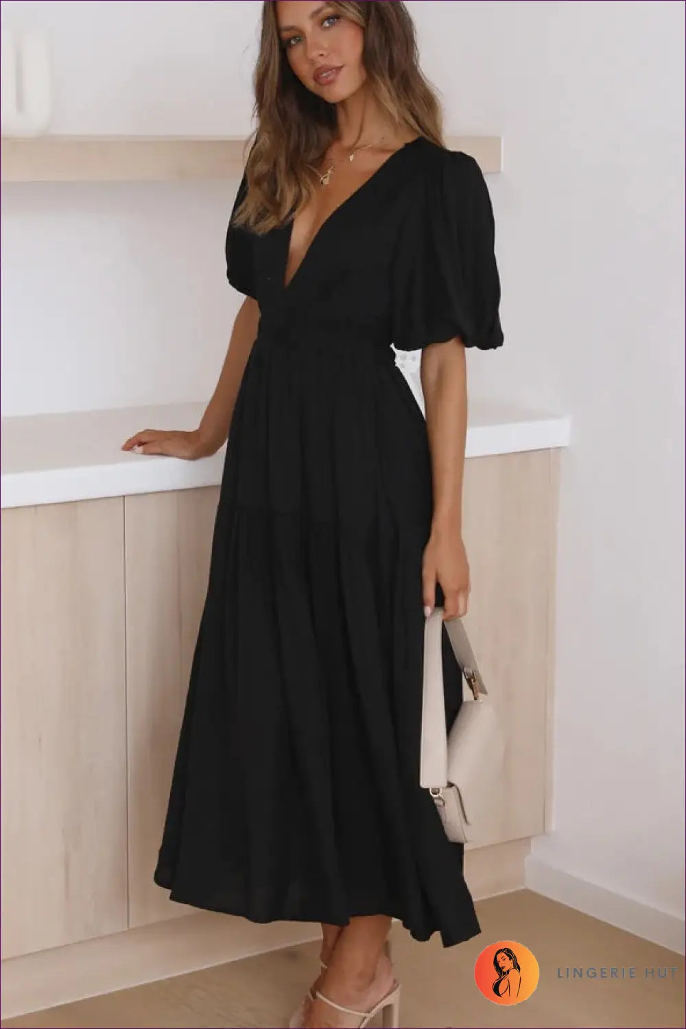 Midi Dress with Puff Sleeves - Garden Party Grace - s / Black - Dresses - Lingerie Hut - A-line • Boho • Casual • Cotton