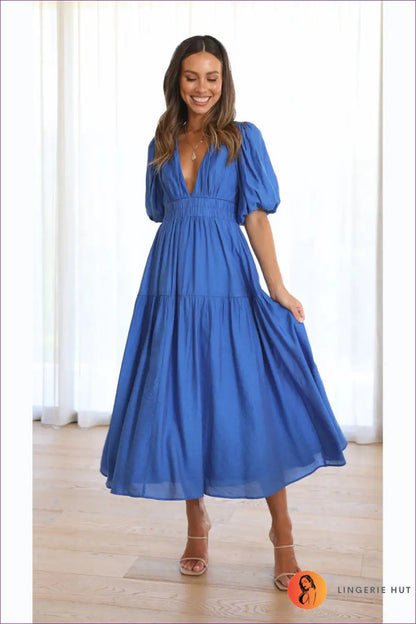 Midi Dress with Puff Sleeves - Garden Party Grace - Dresses - Lingerie Hut - A-line • Boho • Casual • Cotton