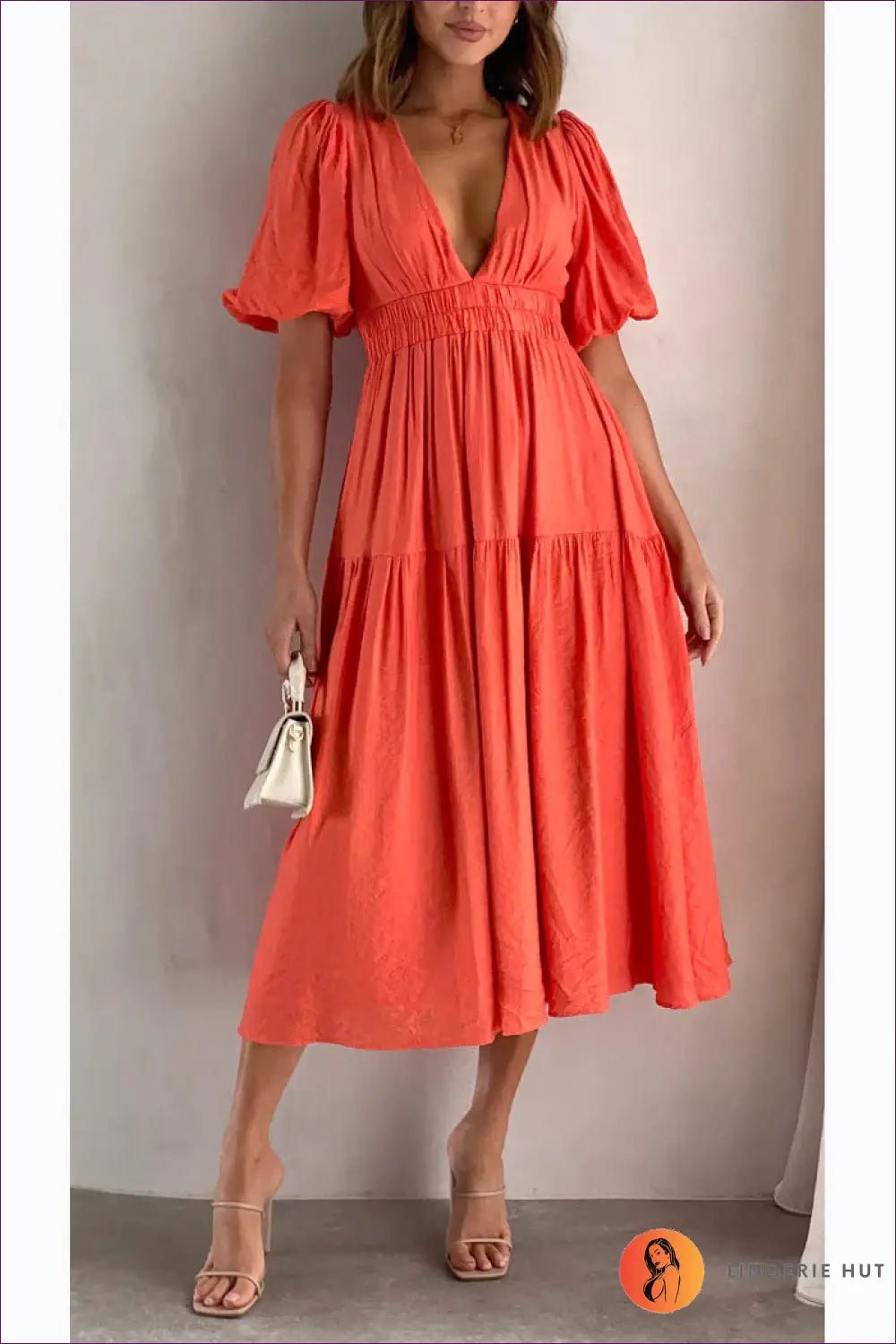 Midi Dress with Puff Sleeves - Garden Party Grace - Dresses - Lingerie Hut - A-line • Boho • Casual • Cotton