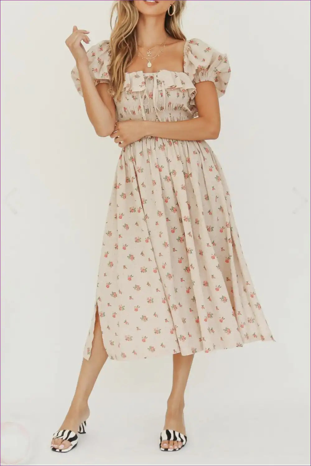 Midi Dress with Puff Sleeves - Sunday Brunch Elegance for A-line, Boho, Casual, Dress, Everyday