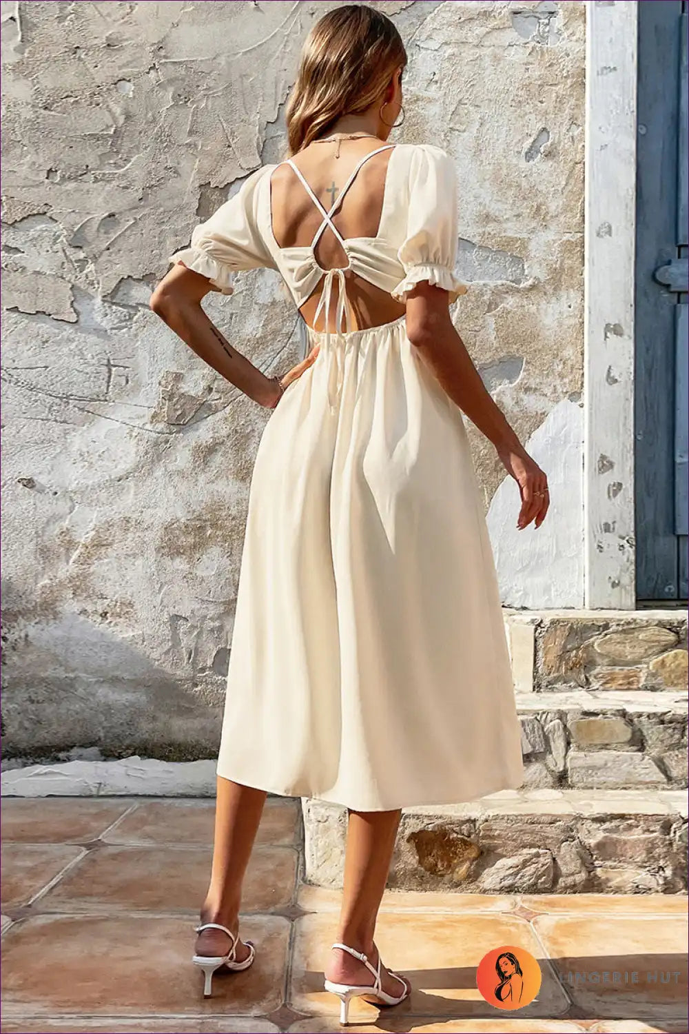 Midi Dress with Puff Sleeves - Vintage Inspired for A-line, All Season, Autumn, Dress, Evening Wear