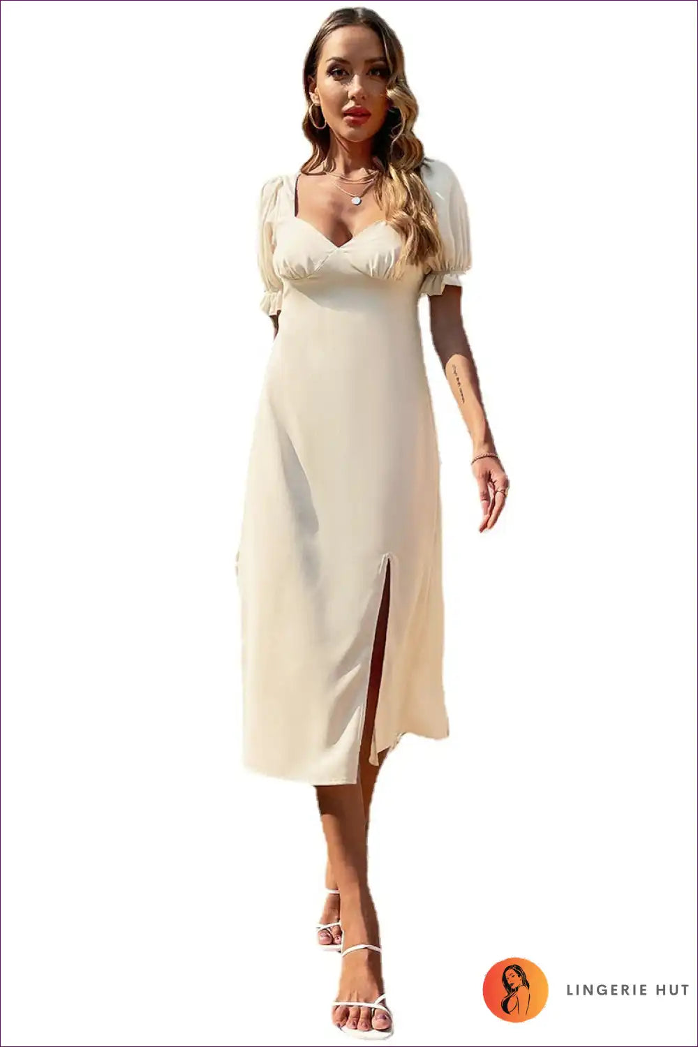 Midi Dress with Puff Sleeves - Vintage Inspired for A-line, All Season, Autumn, Dress, Evening Wear