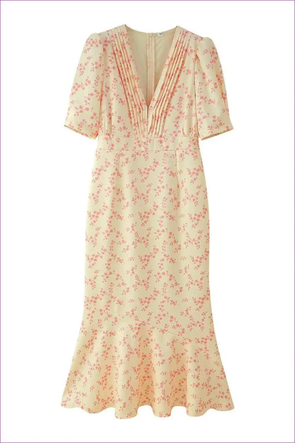 Midi Dress with Puff Sleeves - Vintage Romance for A-line, Autumn, Dress, Everyday, Floral