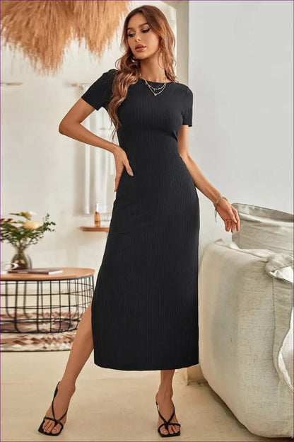 Midi Dress with Ribbed Texture - Minimalist Chic for All Season, Autumn, Bodycon, Casual,