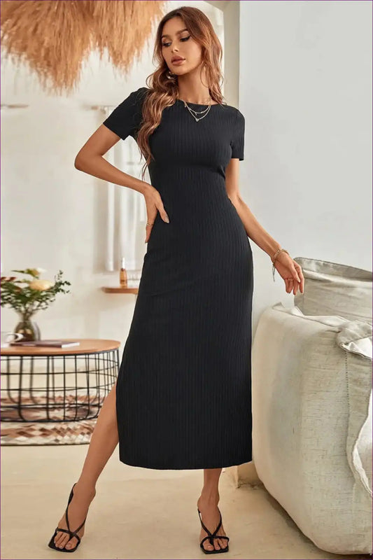 Midi Dress with Ribbed Texture - Minimalist Chic for All Season, Autumn, Bodycon, Casual,