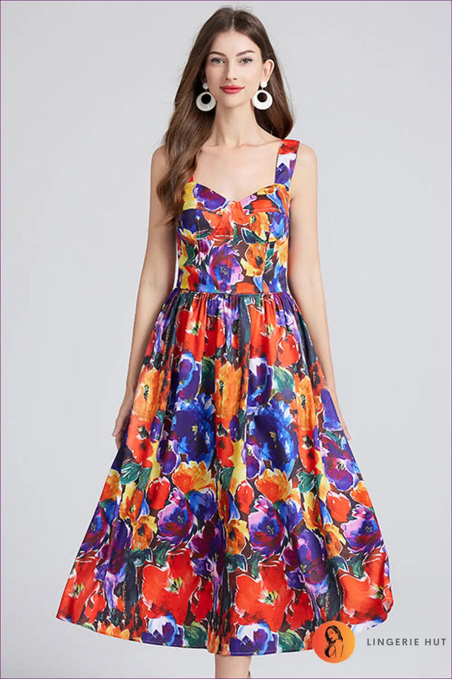 Midi Floral Dress with A-Line Skirt - Effortless Elegance