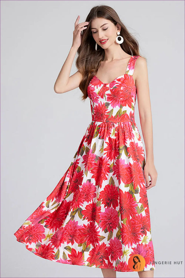 Midi Floral Dress with A-Line Skirt - Effortless Elegance