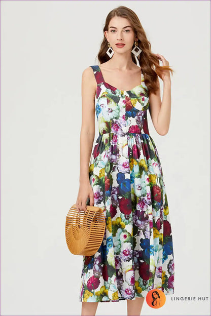 Midi Dress with Rose Print - Garden Party Ready for A-line, Casual, Dress, Everyday, Floral