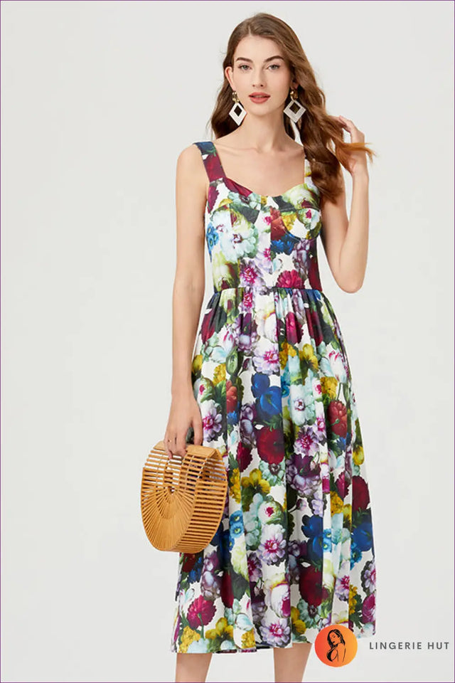 Midi Floral Dress with A-Line Skirt - Effortless Elegance