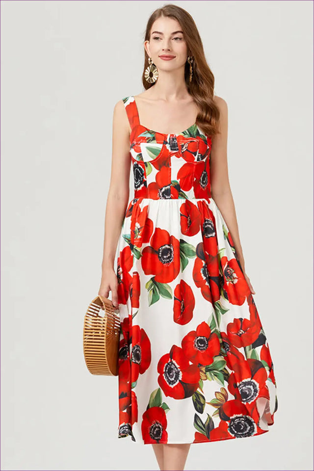 Midi Floral Dress with A-Line Skirt - Effortless Elegance