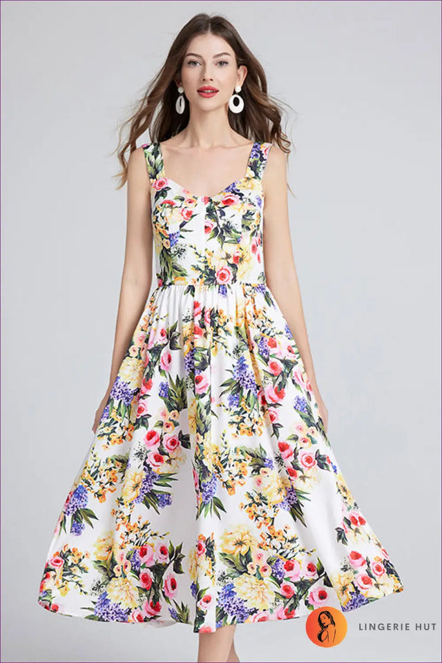 Midi Floral Dress with A-Line Skirt - Effortless Elegance