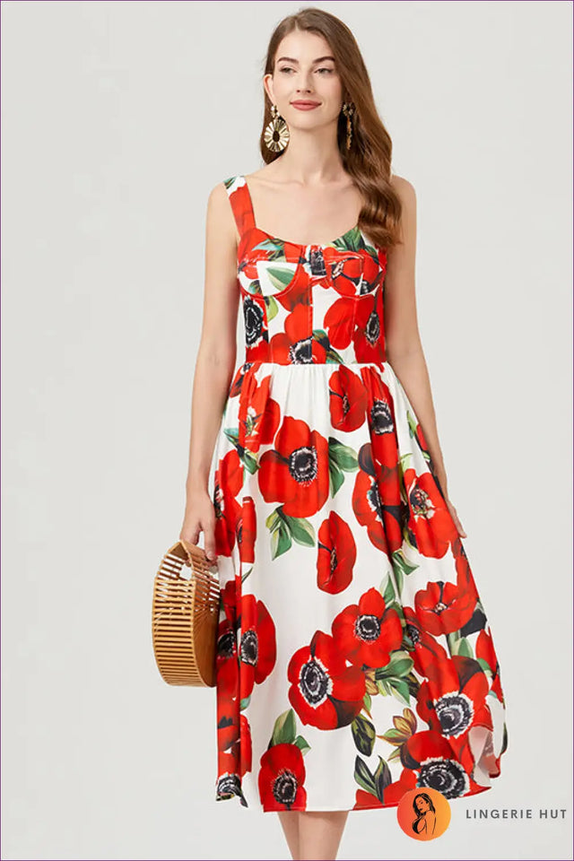 Midi Floral Dress with A-Line Skirt - Effortless Elegance