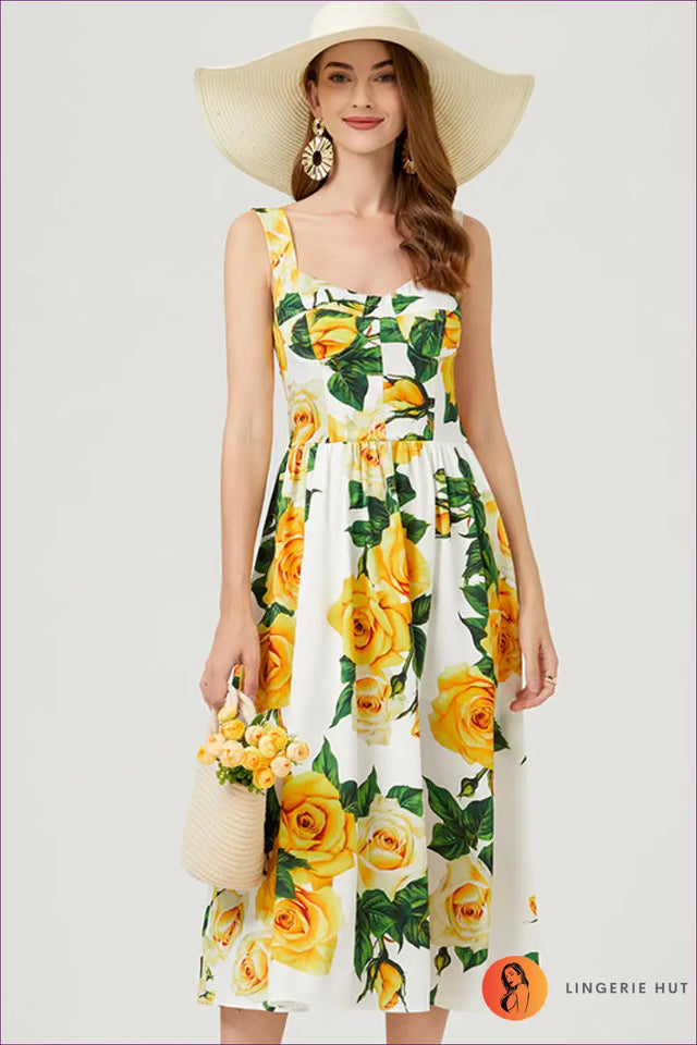 Midi Floral Dress with A-Line Skirt - Effortless Elegance