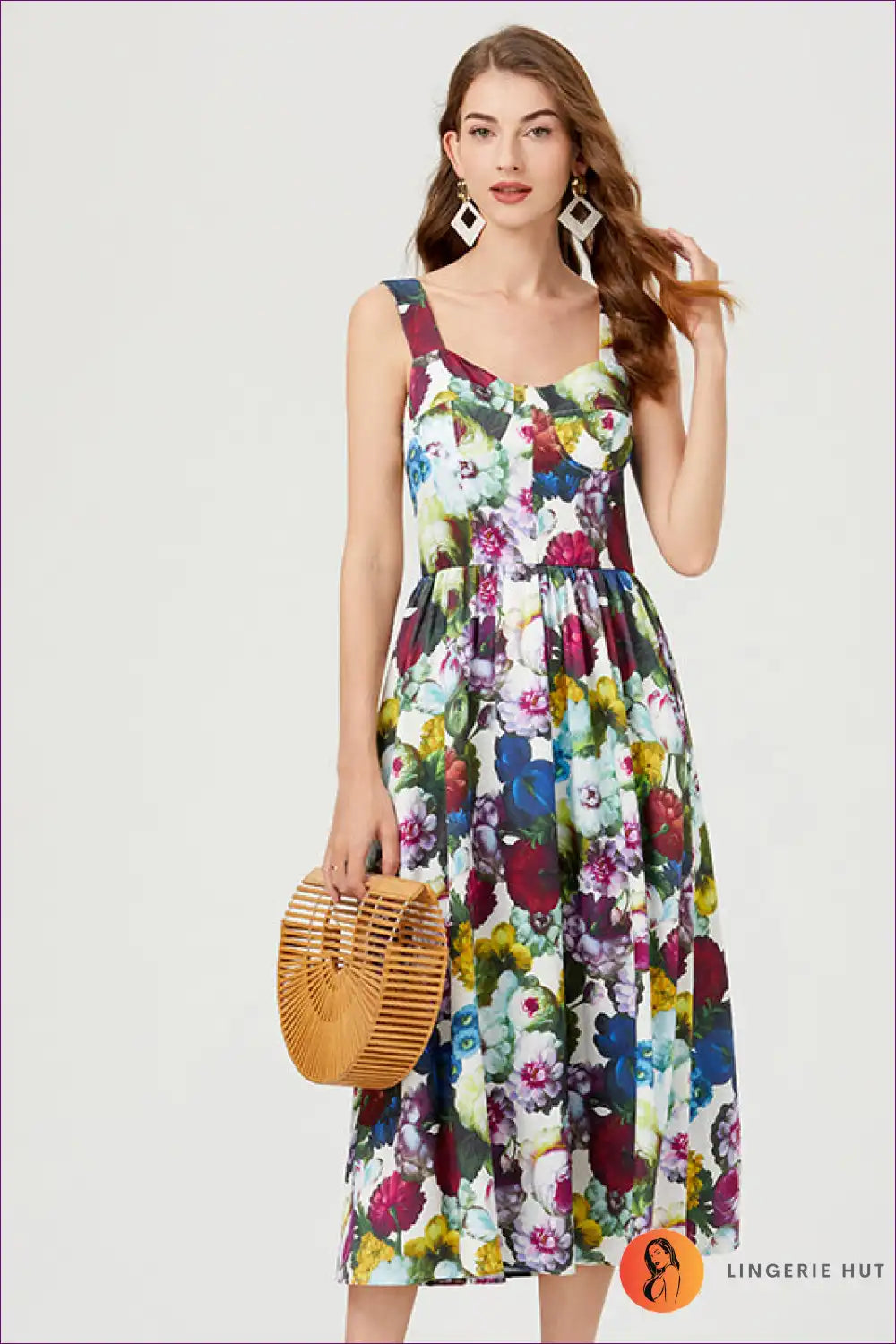 Midi Dress with Rose Print - Garden Party Ready for A-line, Casual, Dress, Everyday, Floral
