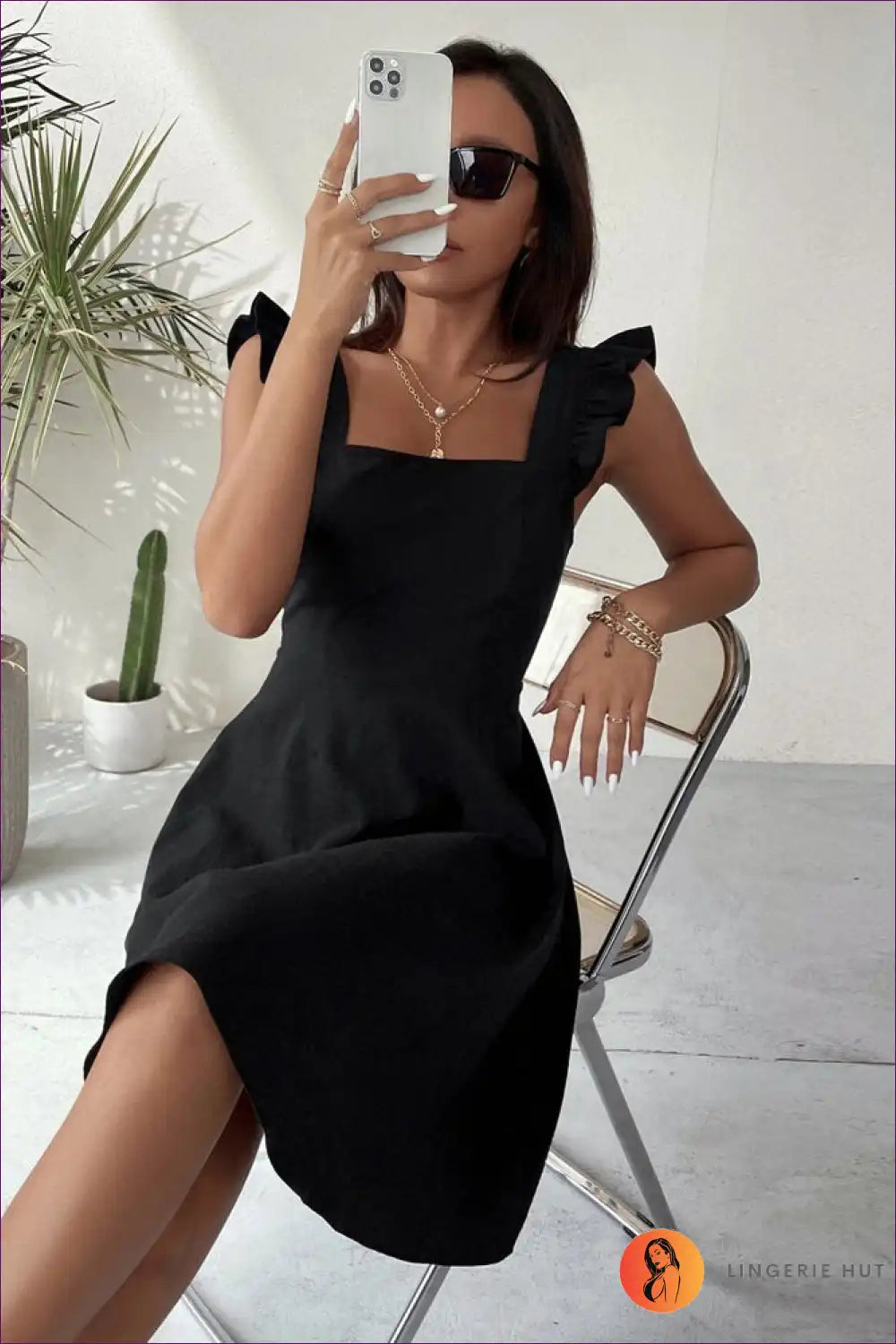 Midi Dress with Ruffle Straps - Sunday Brunch Ritual for A-line, All Season, Casual, Dress, Evening Wear