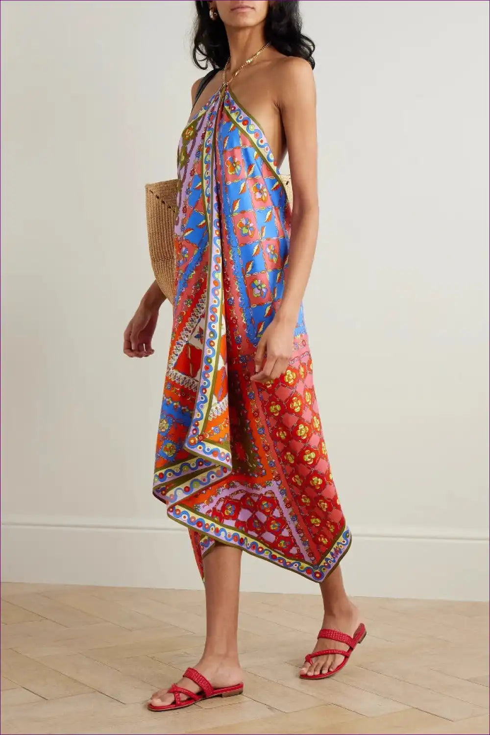 Midi Dress with Scarf Print - Wanderlust Chic for A-line, Backless, Casual, Cutout,