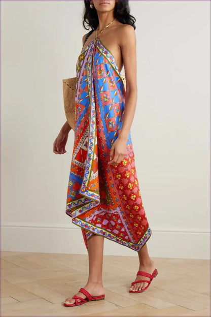 Midi Dress with Scarf Print - Wanderlust Chic for A-line, Backless, Casual, Cutout,