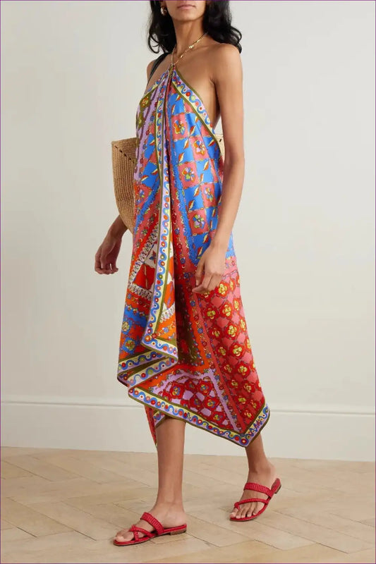 Midi Dress with Scarf Print - Wanderlust Chic for A-line, Backless, Casual, Cutout,