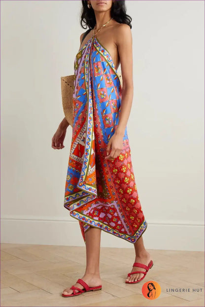 Midi Dress with Scarf Print - Wanderlust Chic for A-line, Backless, Casual, Cutout,