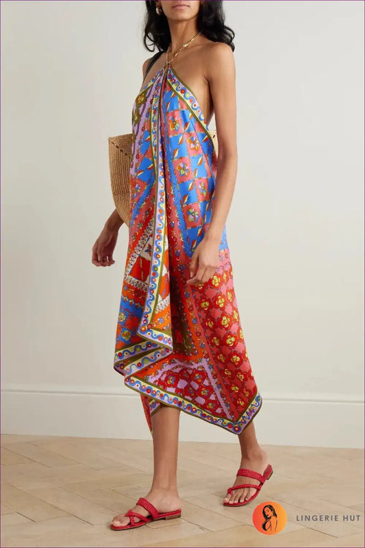 Midi Dress with Scarf Print - Wanderlust Chic for A-line, Backless, Casual, Cutout,