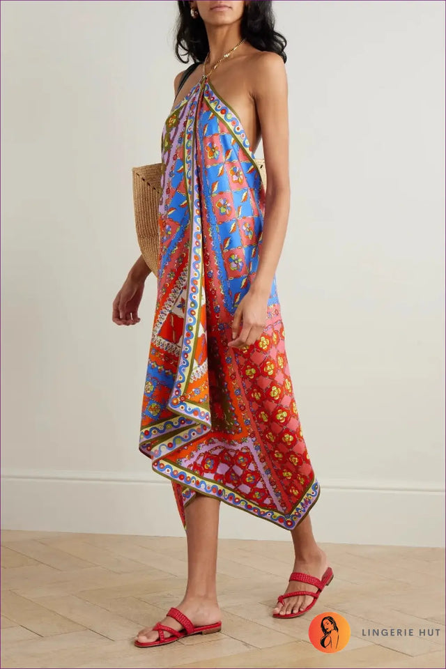 Scarf Print Midi Dress with Halter Neck - Effortless Elegance