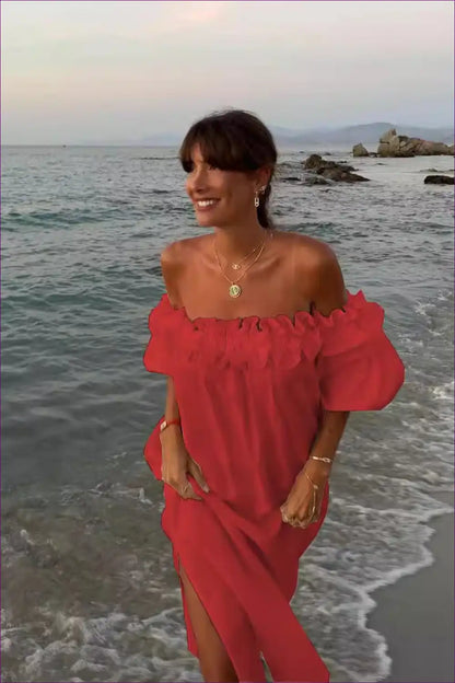 Midi Dress with Off-shoulder Neckline - Coastal Charm for A-line, Backless, Casual, Cutout,