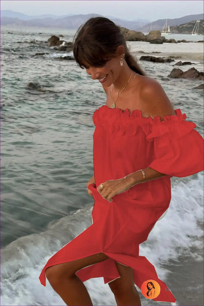 Midi Dress with Off-shoulder Neckline - Coastal Charm for A-line, Backless, Casual, Cutout,