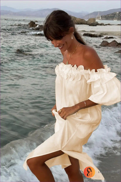 Midi Dress with Off-shoulder Neckline - Coastal Charm for A-line, Backless, Casual, Cutout,