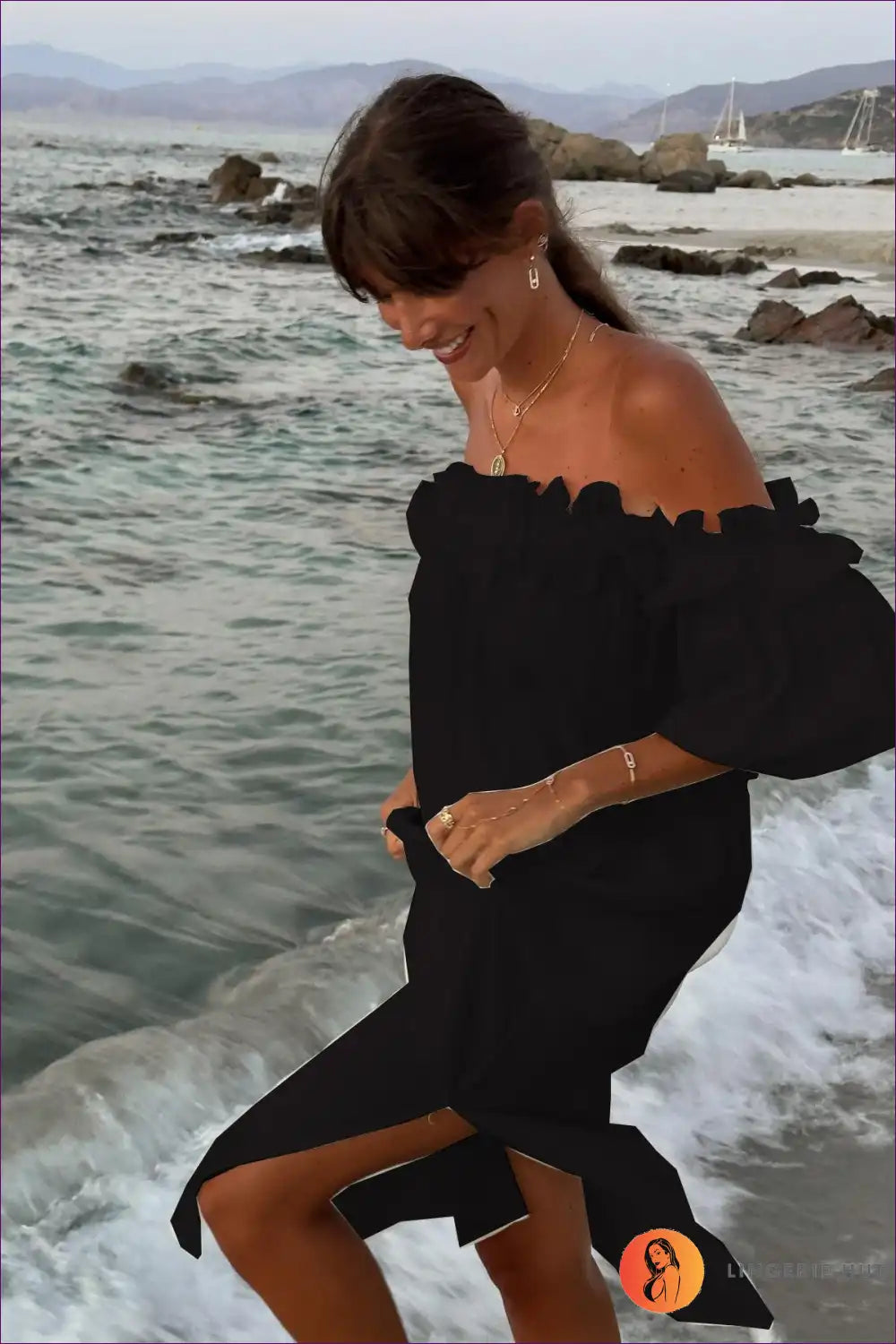 Midi Dress with Off-shoulder Neckline - Coastal Charm for A-line, Backless, Casual, Cutout,