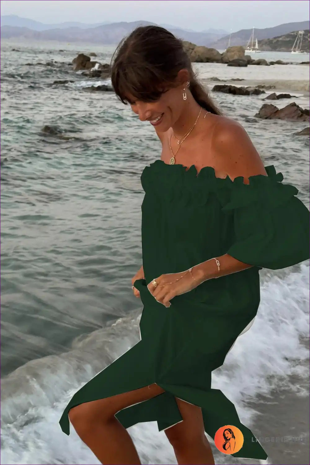 Midi Dress with Off-shoulder Neckline - Coastal Charm for A-line, Backless, Casual, Cutout,