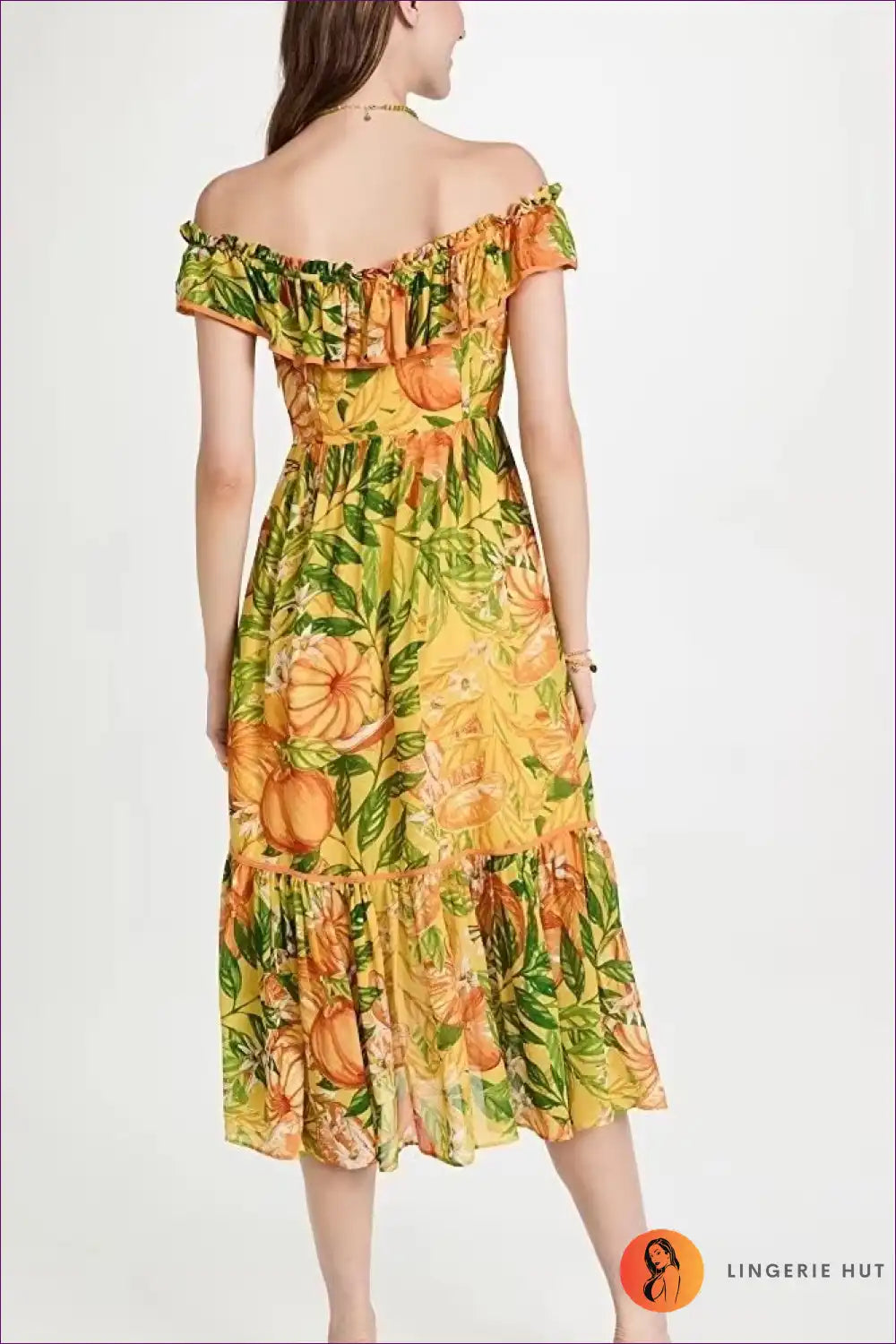 Midi Dress with Off-shoulder Ruffle - Tropical Escape for A-line, Boho, Dress, Everyday, Floral