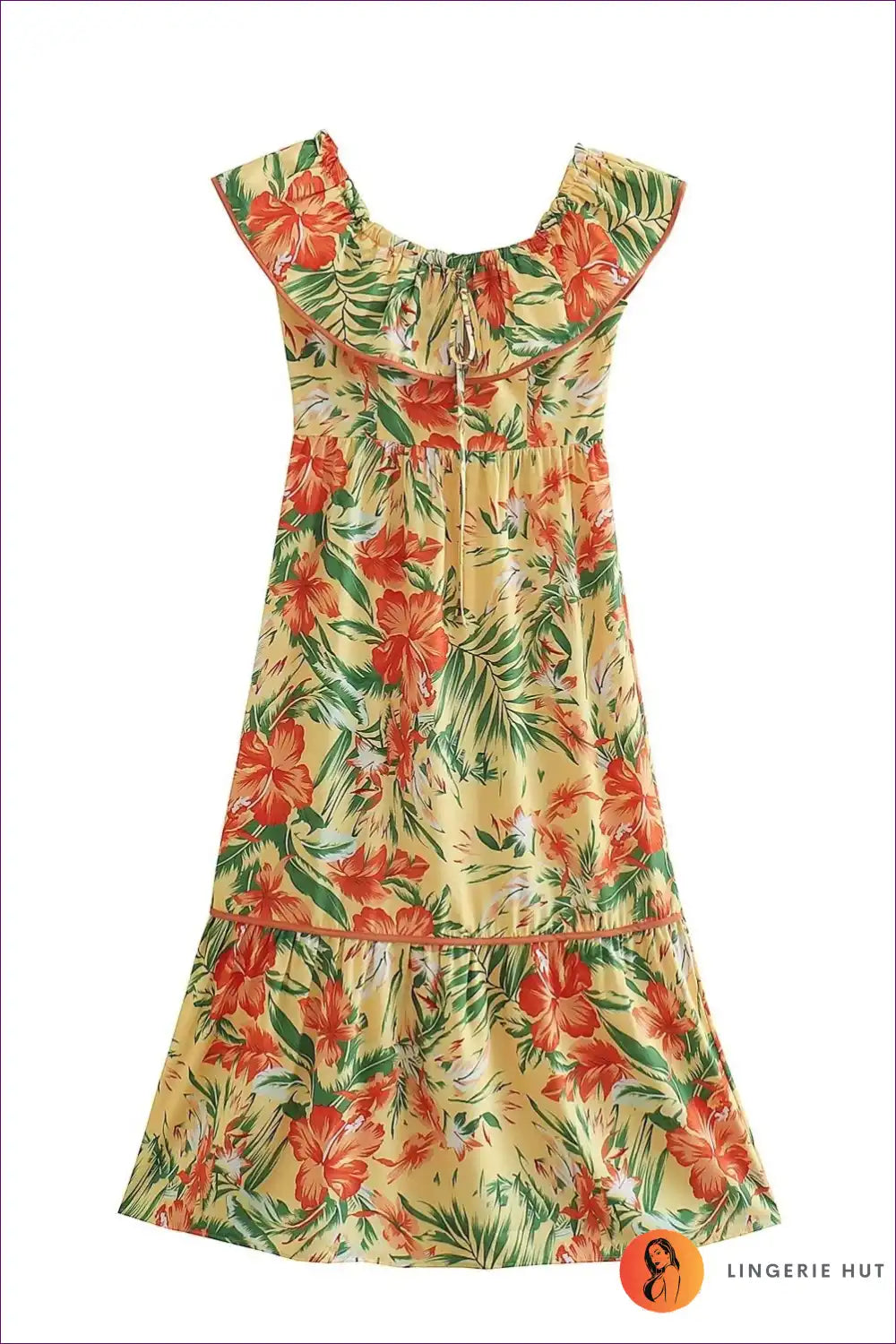 Midi Dress with Off-shoulder Ruffle - Tropical Escape for A-line, Boho, Dress, Everyday, Floral