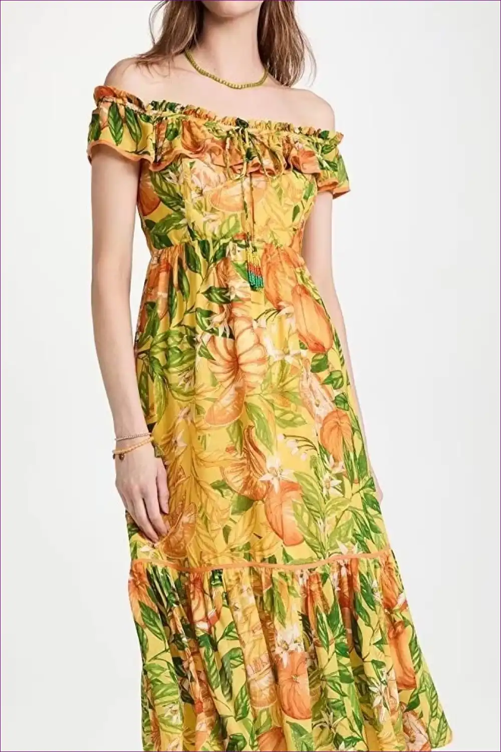 Midi Dress with Off-shoulder Ruffle - Tropical Escape for A-line, Boho, Dress, Everyday, Floral
