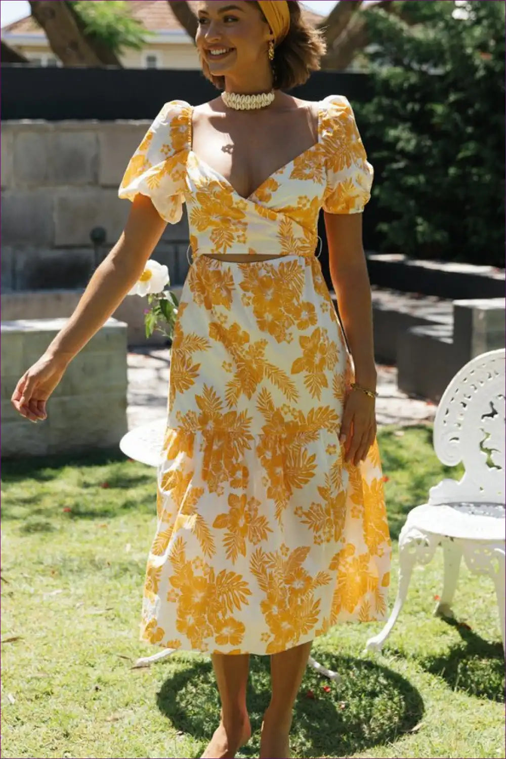 Midi Dress with Smocked Bodice - Countryside Charm for A-line, Boho, Casual, Chiffon,