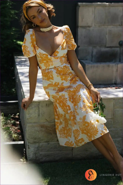 Midi Dress with Smocked Bodice - Countryside Charm for A-line, Boho, Casual, Chiffon,