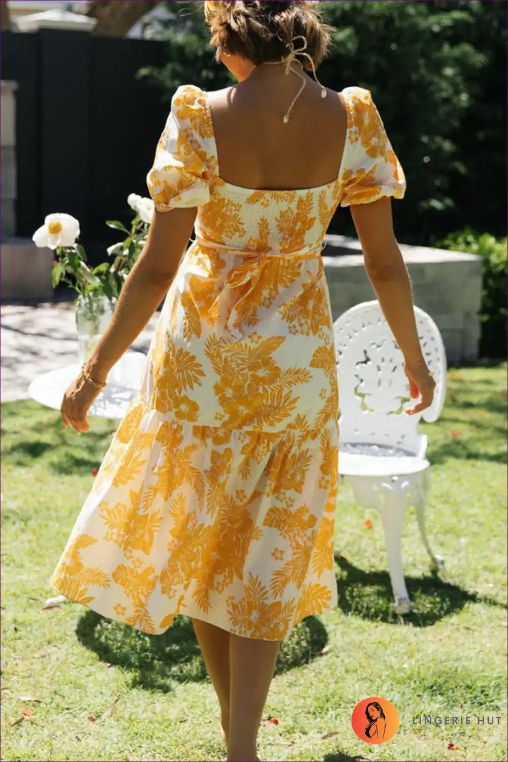 Midi Dress with Smocked Bodice - Countryside Charm for A-line, Boho, Casual, Chiffon,