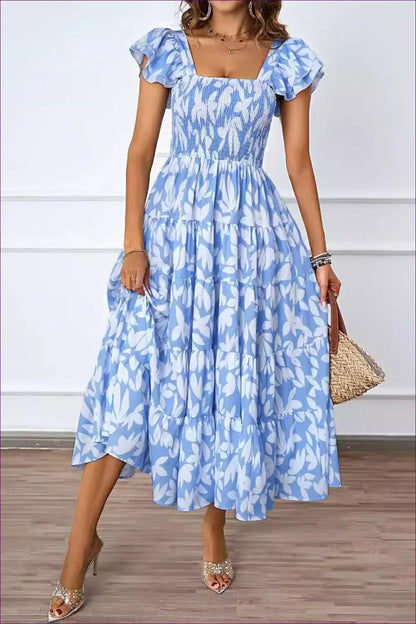 Midi Dress with Smocked Bodice - Garden Party Grace for A-line, Boho, Casual, Dress, Everyday