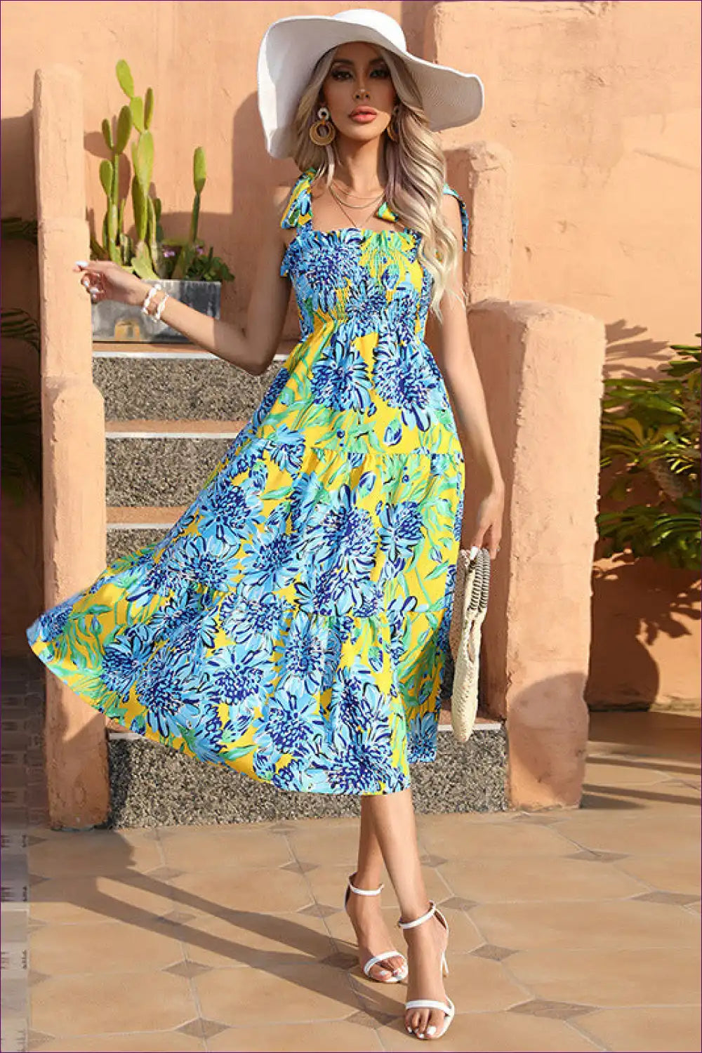 Midi Dress with Smocked Bodice - Seaside Serenity for A-line, Boho, Casual, Cotton,