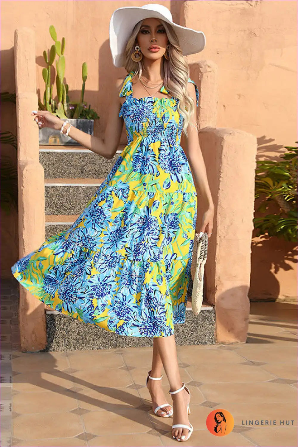 Midi Dress with Smocked Bodice - Seaside Serenity for A-line, Boho, Casual, Cotton,