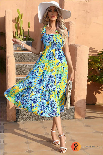 Midi Dress with Smocked Bodice - Seaside Serenity for A-line, Boho, Casual, Cotton,