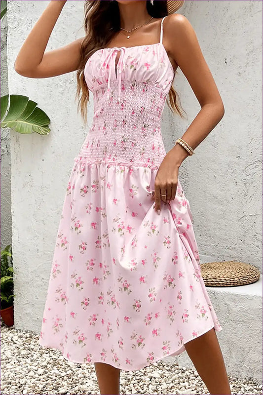 Midi Dress with Smocked Waist - Garden Party Grace for A-line, Boho, Casual, Cutout,